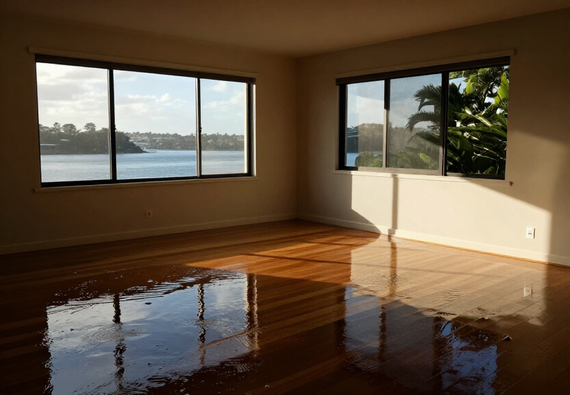Flooded living room in Denistone before restoration